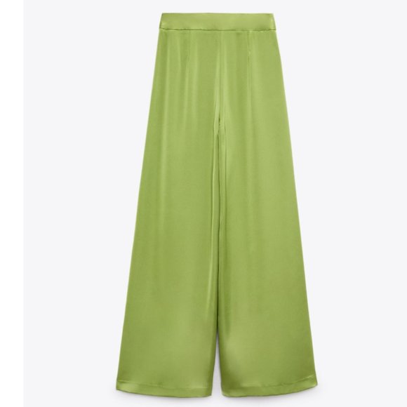 ZARA CREPE PLEATED PALAZZO SATIN EFFECT CITRINE GREEN PANT TROUSERS - Picture 10 of 12
